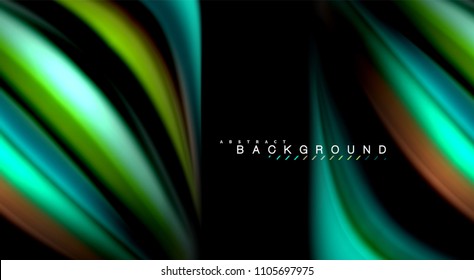 Resumen de líneas de onda fluidos estilo arco iris rayas de color sobre fondo negro. Ilustración artística vectorial para presentación, fondo de pantalla de aplicación, cartel o afiche