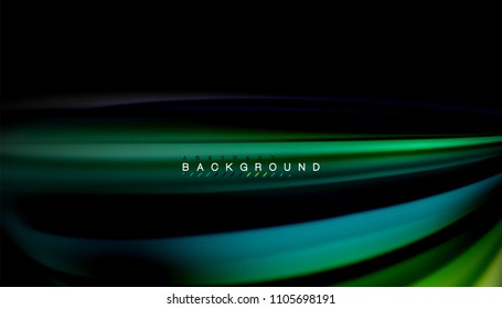Resumen de líneas de onda fluidos estilo arco iris rayas de color sobre fondo negro. Ilustración artística vectorial para presentación, fondo de pantalla de aplicación, cartel o afiche