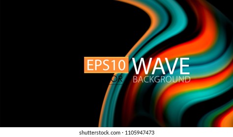 Resumen de líneas de onda fluidos estilo arco iris rayas de color sobre fondo negro. Ilustración artística vectorial para presentación, fondo de pantalla de aplicación, cartel o afiche
