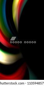 Resumen de líneas de onda fluidos estilo arco iris rayas de color sobre fondo negro. Ilustración artística vectorial para presentación, fondo de pantalla de aplicación, cartel o afiche