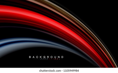 Abstrakte Wellenlinien fließende Regenbogenfarben-Streifen auf schwarzem Hintergrund. Vektorgrafik zur Präsentation, App-Bildschirmhintergrund, Banner oder Poster