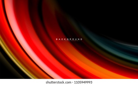 Abstrakte Wellenlinien fließende Regenbogenfarben-Streifen auf schwarzem Hintergrund. Vektorgrafik zur Präsentation, App-Bildschirmhintergrund, Banner oder Poster