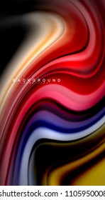 Resumen de líneas de onda fluidos estilo arco iris rayas de color sobre fondo negro. Ilustración artística vectorial para presentación, fondo de pantalla de aplicación, cartel o afiche