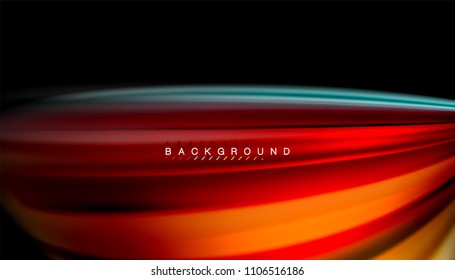 Resumen de líneas de onda fluidos estilo arco iris rayas de color sobre fondo negro. Ilustración artística vectorial para presentación, fondo de pantalla de aplicación, cartel o afiche