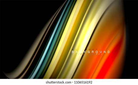 Resumen de líneas de onda fluidos estilo arco iris rayas de color sobre fondo negro. Ilustración artística vectorial para presentación, fondo de pantalla de aplicación, cartel o afiche