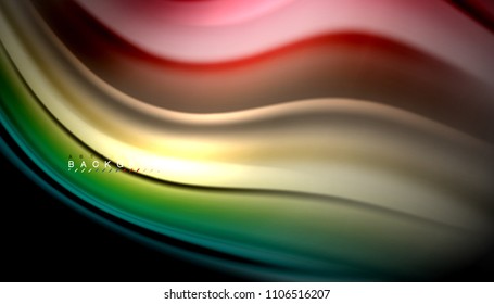 Abstrakte Wellenlinien fließende Regenbogenfarben-Streifen auf schwarzem Hintergrund. Vektorgrafik zur Präsentation, App-Bildschirmhintergrund, Banner oder Poster