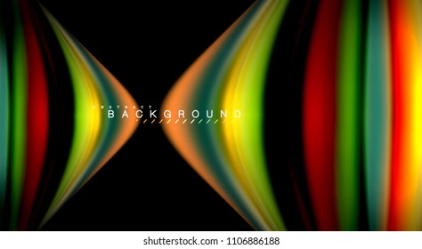 Resumen de líneas de onda fluidos estilo arco iris rayas de color sobre fondo negro. Ilustración artística vectorial para presentación, fondo de pantalla de aplicación, cartel o afiche