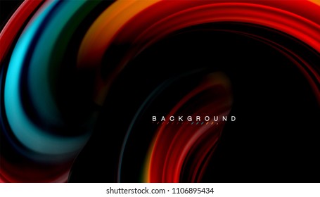 Resumen de líneas de onda fluidos estilo arco iris rayas de color sobre fondo negro. Ilustración artística vectorial para presentación, fondo de pantalla de aplicación, cartel o afiche