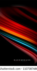 Resumen de líneas de onda fluidos estilo arco iris rayas de color sobre fondo negro. Ilustración artística vectorial para presentación, fondo de pantalla de aplicación, cartel o afiche