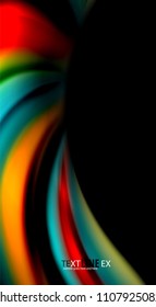 Resumen de líneas de onda fluidos estilo arco iris rayas de color sobre fondo negro. Ilustración artística vectorial para presentación, fondo de pantalla de aplicación, cartel o afiche