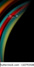 Resumen de líneas de onda fluidos estilo arco iris rayas de color sobre fondo negro. Ilustración artística vectorial para presentación, fondo de pantalla de aplicación, cartel o afiche