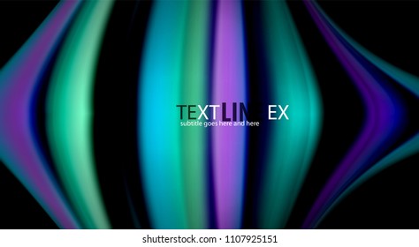 Resumen de líneas de onda fluidos estilo arco iris rayas de color sobre fondo negro. Ilustración artística vectorial para presentación, fondo de pantalla de aplicación, cartel o afiche