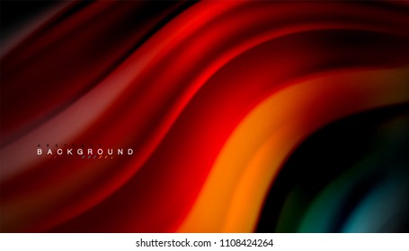 Resumen de líneas de onda fluidos estilo arco iris rayas de color sobre fondo negro. Ilustración artística vectorial para presentación, fondo de pantalla de aplicación, cartel o afiche