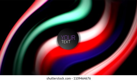 Resumen de líneas de onda fluidos estilo arco iris rayas de color sobre fondo negro. Ilustración artística vectorial para presentación, fondo de pantalla de aplicación, cartel o afiche