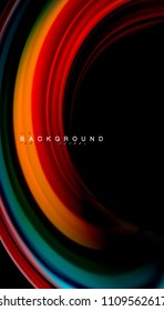 Abstrakte Wellenlinien fließende Regenbogenfarben-Streifen auf schwarzem Hintergrund. Vektorgrafik zur Präsentation, App-Bildschirmhintergrund, Banner oder Poster