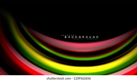 Abstrakte Wellenlinien fließende Regenbogenfarben-Streifen auf schwarzem Hintergrund. Vektorgrafik zur Präsentation, App-Bildschirmhintergrund, Banner oder Poster