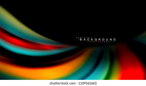 Resumen de líneas de onda fluidos estilo arco iris rayas de color sobre fondo negro. Ilustración artística vectorial para presentación, fondo de pantalla de aplicación, cartel o afiche