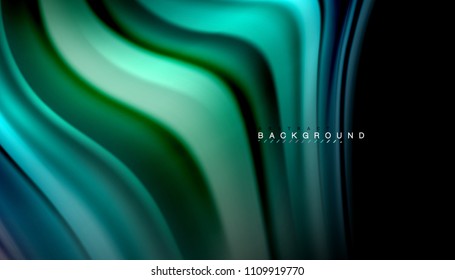 Resumen de líneas de onda fluidos estilo arco iris rayas de color sobre fondo negro. Ilustración artística vectorial para presentación, fondo de pantalla de aplicación, cartel o afiche