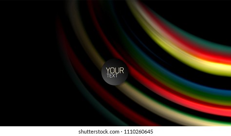 Resumen de líneas de onda fluidos estilo arco iris rayas de color sobre fondo negro. Ilustración artística vectorial para presentación, fondo de pantalla de aplicación, cartel o afiche