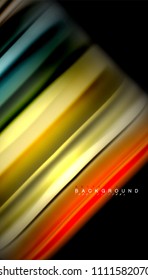 Abstrakte Wellenlinien fließende Regenbogenfarben-Streifen auf schwarzem Hintergrund. Vektorgrafik zur Präsentation, App-Bildschirmhintergrund, Banner oder Poster