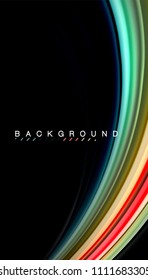 Resumen de líneas de onda fluidos estilo arco iris rayas de color sobre fondo negro. Ilustración artística vectorial para presentación, fondo de pantalla de aplicación, cartel o afiche