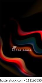 Resumen de líneas de onda fluidos estilo arco iris rayas de color sobre fondo negro. Ilustración artística vectorial para presentación, fondo de pantalla de aplicación, cartel o afiche
