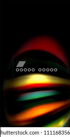 Resumen de líneas de onda fluidos estilo arco iris rayas de color sobre fondo negro. Ilustración artística vectorial para presentación, fondo de pantalla de aplicación, cartel o afiche