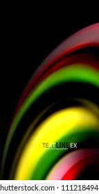 Abstrakte Wellenlinien fließende Regenbogenfarben-Streifen auf schwarzem Hintergrund. Vektorgrafik zur Präsentation, App-Bildschirmhintergrund, Banner oder Poster