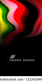 Resumen de líneas de onda fluidos estilo arco iris rayas de color sobre fondo negro. Ilustración artística vectorial para presentación, fondo de pantalla de aplicación, cartel o afiche