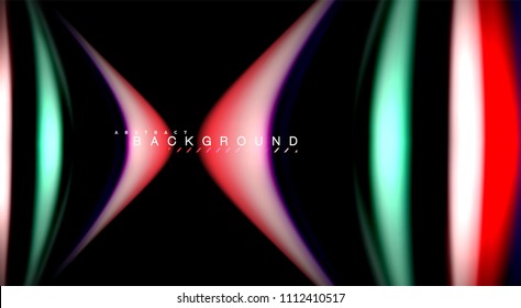 Resumen de líneas de onda fluidos estilo arco iris rayas de color sobre fondo negro. Ilustración artística vectorial para presentación, fondo de pantalla de aplicación, cartel o afiche