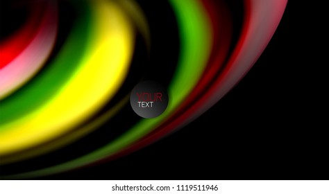 Resumen de líneas de onda fluidos estilo arco iris rayas de color sobre fondo negro. Ilustración artística vectorial para presentación, fondo de pantalla de aplicación, cartel o afiche