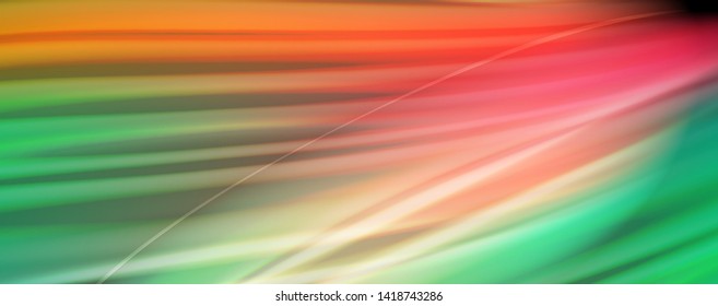 Resumen de líneas de onda fluidos estilo arco iris rayas de color sobre fondo negro. Ilustración artística vectorial para presentación, fondo de pantalla de aplicación, cartel o afiche