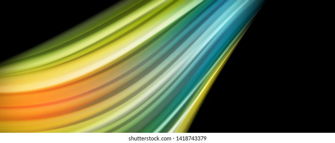 Resumen de líneas de onda fluidos estilo arco iris rayas de color sobre fondo negro. Ilustración artística vectorial para presentación, fondo de pantalla de aplicación, cartel o afiche