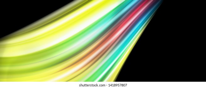 Abstrakte Wellenlinien fließende Regenbogenfarben-Streifen auf schwarzem Hintergrund. Vektorgrafik zur Präsentation, App-Bildschirmhintergrund, Banner oder Poster