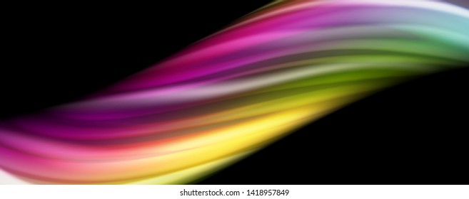 Abstrakte Wellenlinien fließende Regenbogenfarben-Streifen auf schwarzem Hintergrund. Vektorgrafik zur Präsentation, App-Bildschirmhintergrund, Banner oder Poster