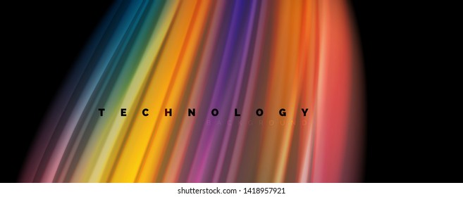 Resumen de líneas de onda fluidos estilo arco iris rayas de color sobre fondo negro. Ilustración artística vectorial para presentación, fondo de pantalla de aplicación, cartel o afiche
