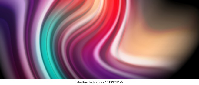 Resumen de líneas de onda fluidos estilo arco iris rayas de color sobre fondo negro. Ilustración artística vectorial para presentación, fondo de pantalla de aplicación, cartel o afiche