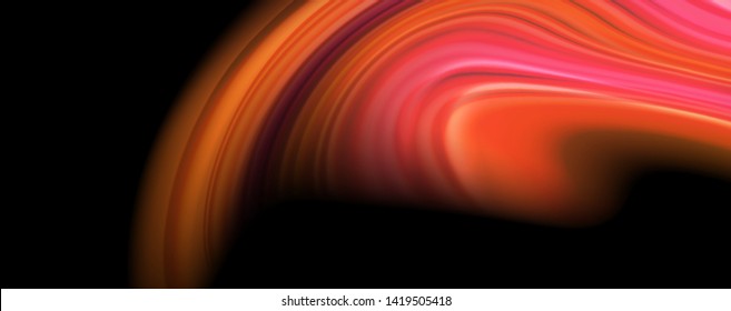 Resumen de líneas de onda fluidos estilo arco iris rayas de color sobre fondo negro. Ilustración artística vectorial para presentación, fondo de pantalla de aplicación, cartel o afiche