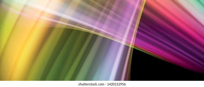 Resumen de líneas de onda fluidos estilo arco iris rayas de color sobre fondo negro. Ilustración artística vectorial para presentación, fondo de pantalla de aplicación, cartel o afiche