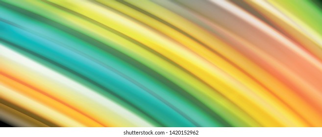 Resumen de líneas de onda fluidos estilo arco iris rayas de color sobre fondo negro. Ilustración artística vectorial para presentación, fondo de pantalla de aplicación, cartel o afiche