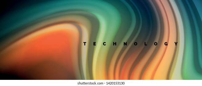 Resumen de líneas de onda fluidos estilo arco iris rayas de color sobre fondo negro. Ilustración artística vectorial para presentación, fondo de pantalla de aplicación, cartel o afiche