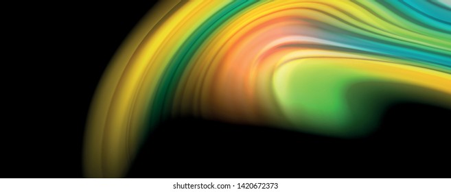 Resumen de líneas de onda fluidos estilo arco iris rayas de color sobre fondo negro. Ilustración artística vectorial para presentación, fondo de pantalla de aplicación, cartel o afiche