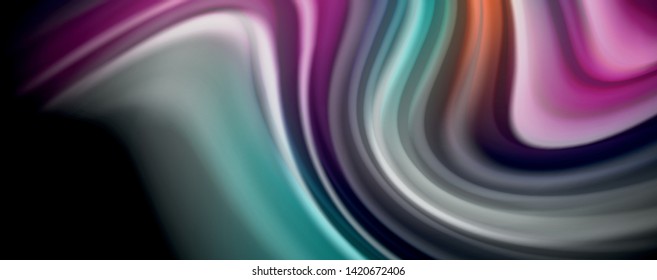 Resumen de líneas de onda fluidos estilo arco iris rayas de color sobre fondo negro. Ilustración artística vectorial para presentación, fondo de pantalla de aplicación, cartel o afiche