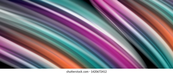 Resumen de líneas de onda fluidos estilo arco iris rayas de color sobre fondo negro. Ilustración artística vectorial para presentación, fondo de pantalla de aplicación, cartel o afiche