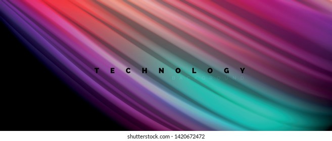 Resumen de líneas de onda fluidos estilo arco iris rayas de color sobre fondo negro. Ilustración artística vectorial para presentación, fondo de pantalla de aplicación, cartel o afiche