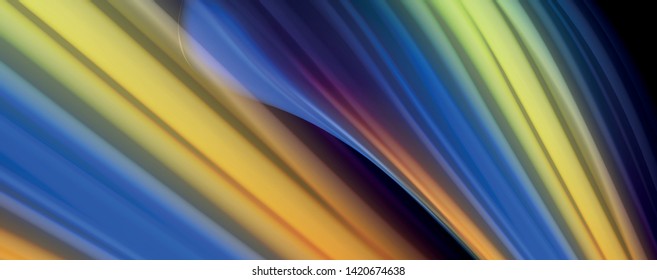Resumen de líneas de onda fluidos estilo arco iris rayas de color sobre fondo negro. Ilustración artística vectorial para presentación, fondo de pantalla de aplicación, cartel o afiche
