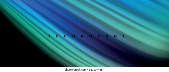 Resumen de líneas de onda fluidos estilo arco iris rayas de color sobre fondo negro. Ilustración artística vectorial para presentación, fondo de pantalla de aplicación, cartel o afiche