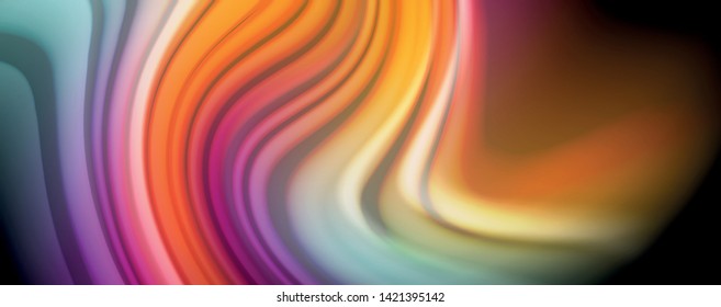 Linhas de onda abstratas listras de cor do estilo arco-íris fluido no fundo preto. Ilustração artística vetorial para apresentação, papel de parede do aplicativo, banner ou cartaz