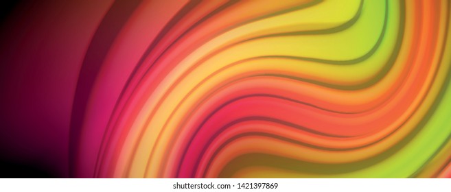 Abstrakte Wellenlinien fließende Regenbogenfarben-Streifen auf schwarzem Hintergrund. Vektorgrafik zur Präsentation, App-Bildschirmhintergrund, Banner oder Poster