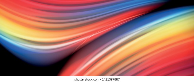 Linhas de onda abstratas listras de cor do estilo arco-íris fluido no fundo preto. Ilustração artística vetorial para apresentação, papel de parede do aplicativo, banner ou cartaz